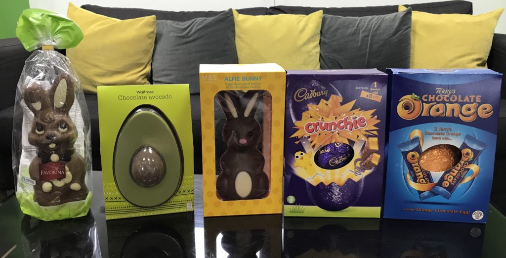 Row of chocolate Easter eggs and bunnies